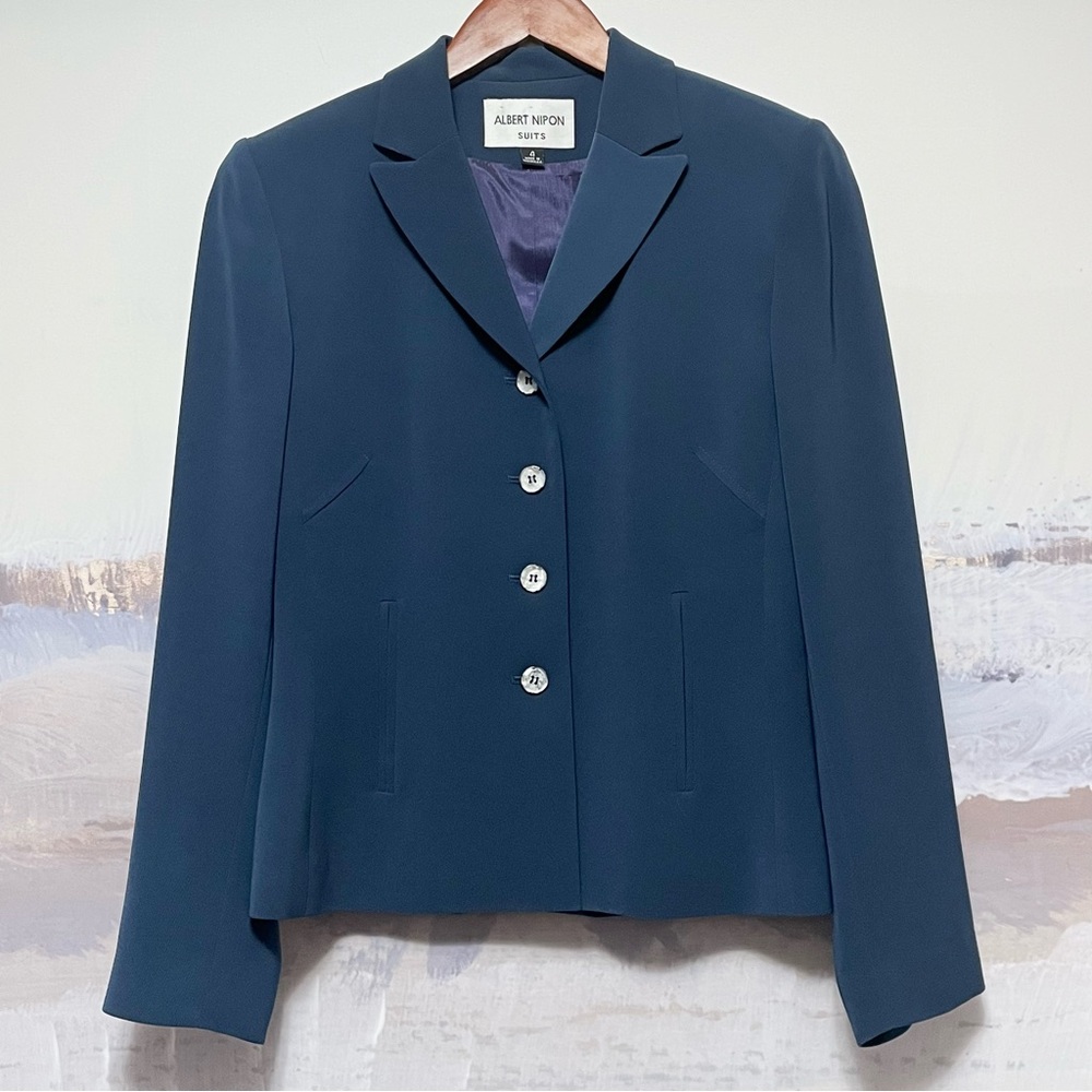 Vtg ALBERT NIPON Slate Blue Suit Blazer Women's Size 4 Lined Business Career Y2K